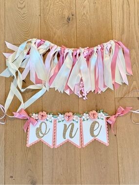 One First Birthday Banner and Ribbon Garland - Pink & Cream